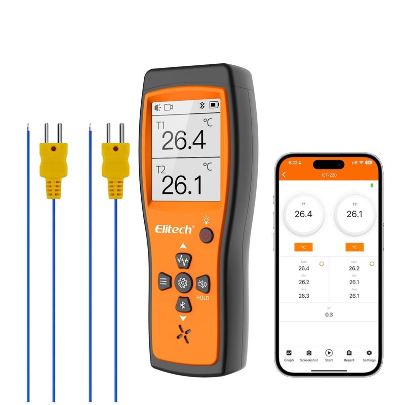 Elitech Bluetooth Thermocouple Thermometer Digital Temperature Data Logger K-Type, APP Real time Data, 5000 Points Capactiy(Optional),OTA Remote Firmware Upgrade, ADJ Compensation, 2 Channels HVAC Lab - Image 1